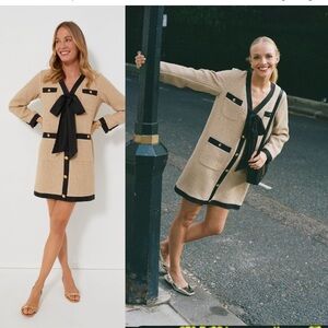 Pomander Place Tan Coco Tweed Bow Retro Button Long Sleeve Mini Dress Size L